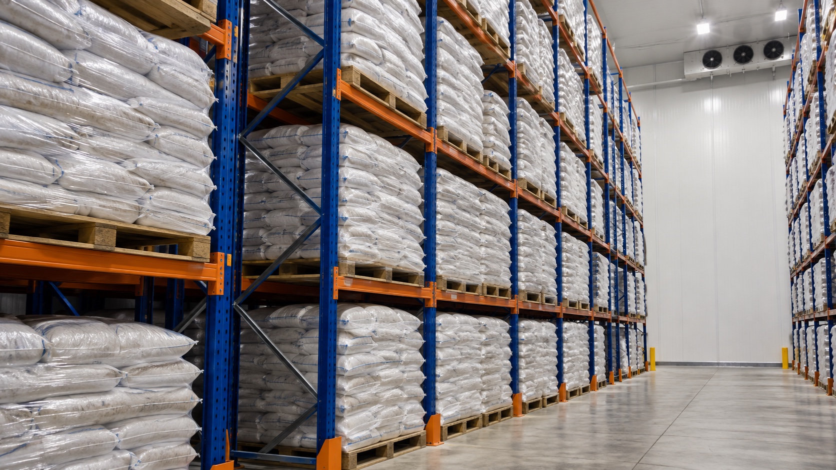 Sacos de producto congelado almacenados en racks dentro de la cámara de frío